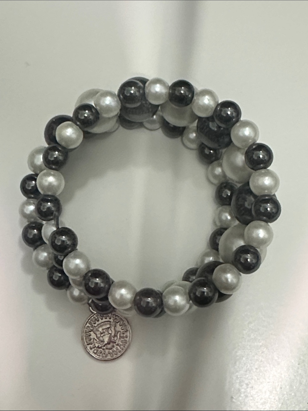 Pearl-Style Black and Silver Beaded Coil Bracelet